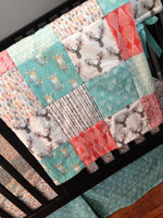 Patchwork Baby Blanket, Coral,  mint, minky back, made to order, Aztec, tribal, made to order