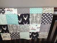Patchwork Baby Blanket - Navy Mint & Gray, minky back,  Aztec tribal theme, arrows, made to order