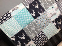 Patchwork Baby Blanket - Navy Mint & Gray, minky back,  Aztec tribal theme, arrows, made to order