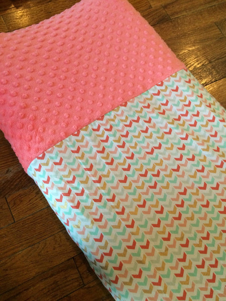 Made to order changing pad cover with coral minky and a gold, coral and mint accent fabric