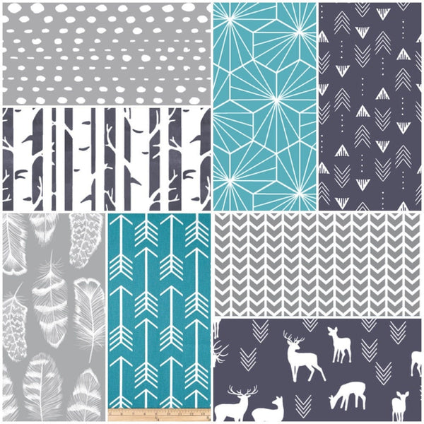 Baby Bedding in navy, turquoise and gray, woodland bedding, arrows, deer, feathers and trees, crib skirt, sheet, blanket, changing pad