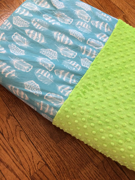 Turquoise feathers and lime green minky changing pad cover