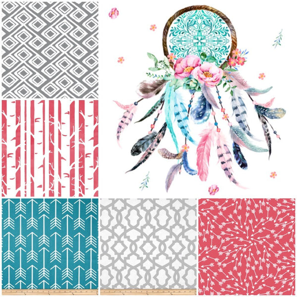 Pink and Teal Dream Catcher Baby Girl Bedding set with feathers and arrows, patchwork blanket, boho nursery decor, baby shower gift