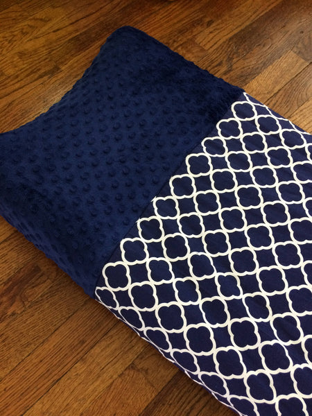 Made to Order Changing Pad Cover with navy blue quatrefoil and navy blue minky