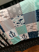 Double Minky Baby Blanket in navy and gray with a nautical theme including anchors, Sharks, fish and chevron