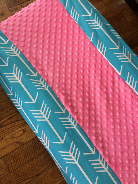Turquoise arrows and pink minky changing pad cover