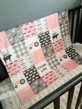 Double Minky Baby Girl Farm Life Baby Blanket in pink, and gray with modern farm designs including tractors, plaid and farm animals