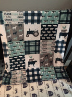 Baby Boy Double Minky Baby blanket in navy, mint and gray with modern farm designs including tractors, plaid and farm animals