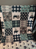 Baby Boy Double Minky Baby blanket in navy, mint and gray with modern farm designs including tractors, plaid and farm animals