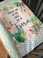 Double Minky Baby Blanket, Pink and green, Though She Be But Little, She is Fierce, baby girl blanket