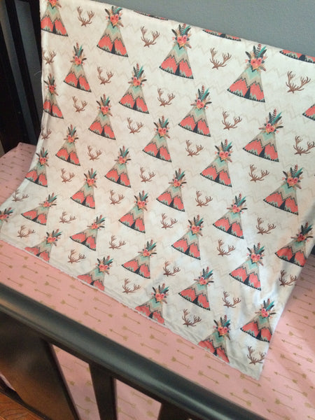 Baby Girl Double Minky Blanket in ivory, coral and mint with  boho theme featuring teepees with floral accent she and Deere antlers