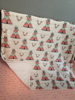 Baby Girl Double Minky Blanket in ivory, coral and mint with  boho theme featuring teepees with floral accent she and Deere antlers
