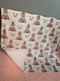 Baby Girl Double Minky Blanket in ivory, coral and mint with  boho theme featuring teepees with floral accent she and Deere antlers