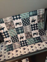 Baby Boy Double Minky Baby blanket in navy, mint and gray with modern farm designs including tractors, plaid and farm animals