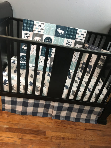 Baby Boy Crib Bedding Set in Navy Blue, dusty blue and gray, woodland adventure theme with bear, moose and mountains with a farmhouse vibe