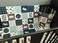 Baby Boy Crib Bedding Set in Navy Blue, dusty blue and gray, woodland adventure theme with bear, moose and mountains with a farmhouse vibe