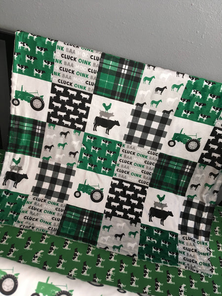 Baby Boy Double Minky Baby blanket in green, black and gray with modern farm designs including tractors, plaid and farm animals