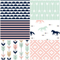 Custom Made to Order Baby Girl Bedding Set in pink, navy and mint with a modern horse theme with arrows and Aztec prints