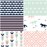 Custom Made to Order Baby Girl Bedding Set in pink, navy and mint with a modern horse theme with arrows and Aztec prints