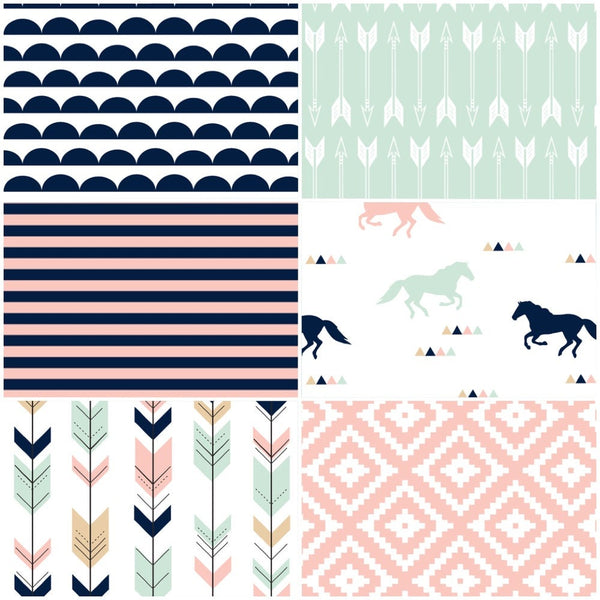 Custom Made to Order Baby Girl Bedding Set in pink, navy and mint with a modern horse theme with arrows and Aztec prints