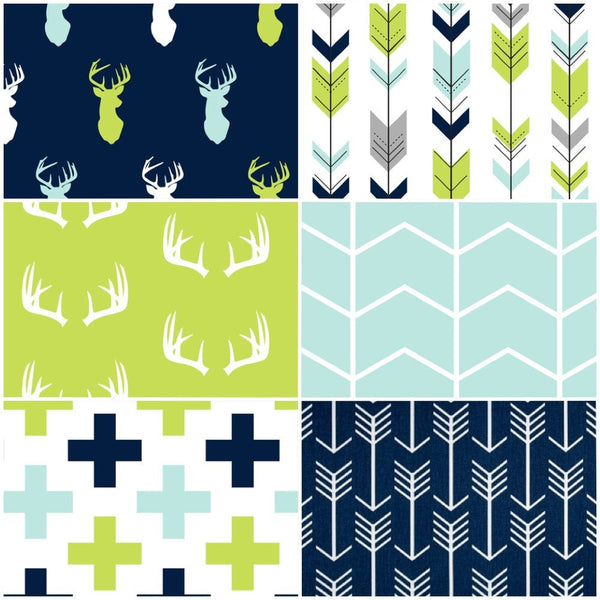 Woodland Deer Bedding Set in Navy, Lime Green and Aqua