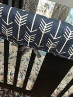 Woodland Bedding in navy, light blue and gray