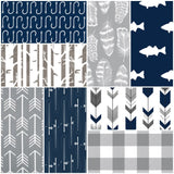 Baby Boy Crib Bedding Set with a fishing theme in navy blue and gray, boy nursery decor, woodland baby shower gift, baby bedding set