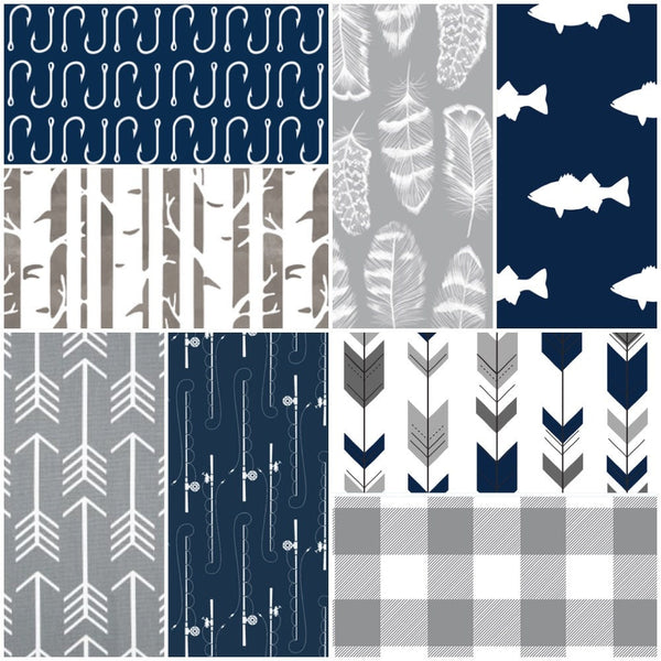 Baby Boy Crib Bedding Set with a fishing theme in navy blue and gray, boy nursery decor, woodland baby shower gift, baby bedding set