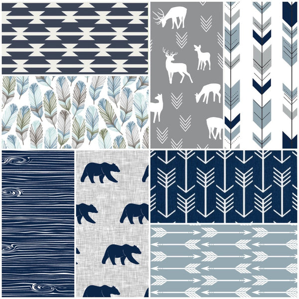 Woodland set with bears and deer in navy, gray and dusty blue