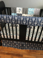 Woodland Bedding in navy, light blue and gray