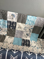 Woodland Bedding in navy, light blue and gray