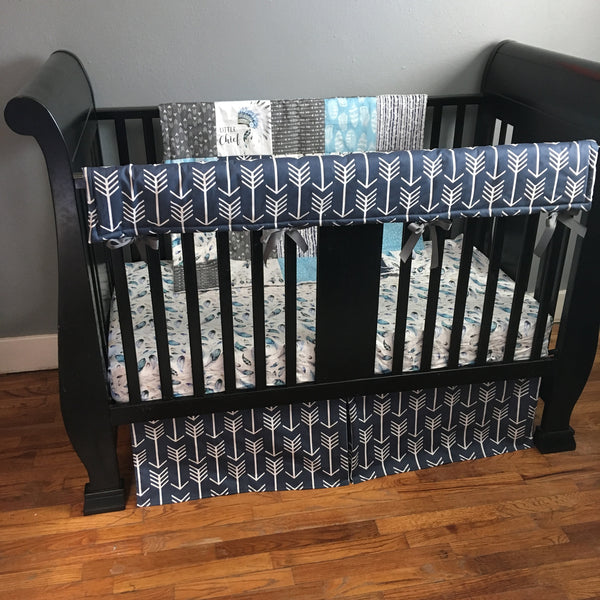 Woodland Bedding in navy, light blue and gray