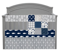 Baby Boy Crib Bedding Set with a fishing theme in navy blue and gray, boy nursery decor, woodland baby shower gift, baby bedding set