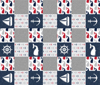 Nautical Set with Whales and Sail Boats in Navy and Red