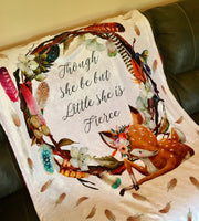 Made to Order Double Minky Baby Girl Blanket with a boho theme with a fawn deer, flowers and feathers, minky on the front and back