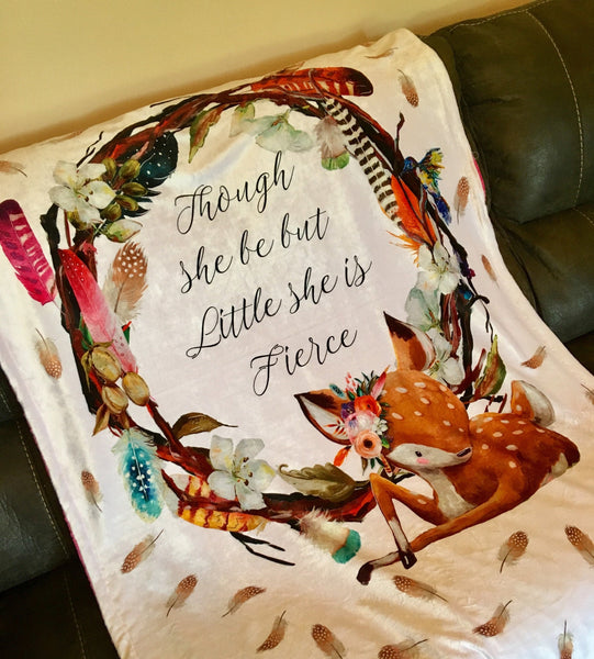 Made to Order Double Minky Baby Girl Blanket with a boho theme with a fawn deer, flowers and feathers, minky on the front and back
