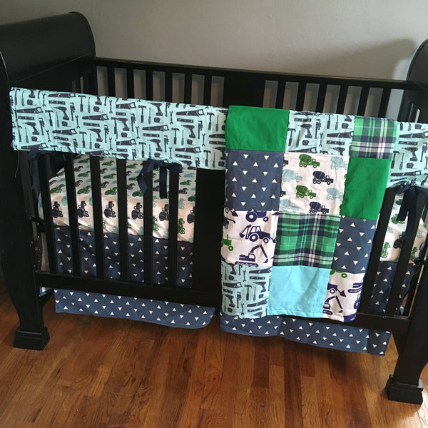 Construction Baby Bedding in navy, aqua and green