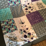 Double Minky Baby Girl Blanket in purple, turquoise, and gray with a unicorn theme with floral, arrows, paisley and polka dots
