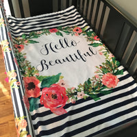 Double Minky Baby Girl Blanket in navy and pink, Hello Beautiful with flowers and navy stripes