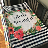 Double Minky Baby Girl Blanket in navy and pink, Hello Beautiful with flowers and navy stripes