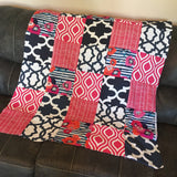 READY TO SHIP - Baby Girl Patchwork Blanket in Navy and Pink with modern fabrics including floral, quatrefoil and herringbone fabrics