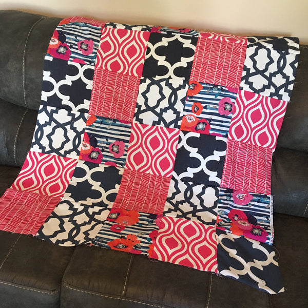 READY TO SHIP - Baby Girl Patchwork Blanket in Navy and Pink with modern fabrics including floral, quatrefoil and herringbone fabrics