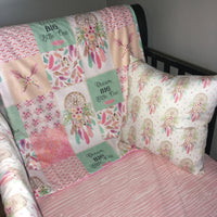 Baby Girl Boho Crib Bedding Set with dream catchers, flowers and feather, in mint and baby pink, baby girl nursery decor,