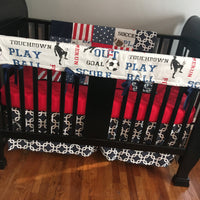 Custom Crib Bedding Set, Made to Order Baby Bedding with a sports theme in red and navy blue, skirt, sheet, blanket and changing pad cover
