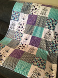 Double Minky Baby Girl Blanket in purple, turquoise, and gray with a unicorn theme with floral, arrows, paisley and polka dots