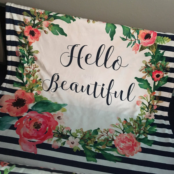 Double Minky Baby Girl Blanket in navy and pink, Hello Beautiful with flowers and navy stripes