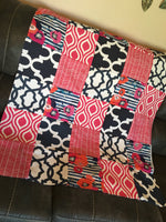 READY TO SHIP - Baby Girl Patchwork Blanket in Navy and Pink with modern fabrics including floral, quatrefoil and herringbone fabrics