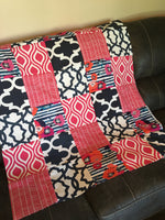 READY TO SHIP - Baby Girl Patchwork Blanket in Navy and Pink with modern fabrics including floral, quatrefoil and herringbone fabrics