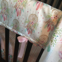 Baby Girl Boho Crib Bedding Set with dream catchers, flowers and feather, in mint and baby pink, baby girl nursery decor,