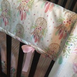 Baby Girl Boho Crib Bedding Set with dream catchers, flowers and feather, in mint and baby pink, baby girl nursery decor,